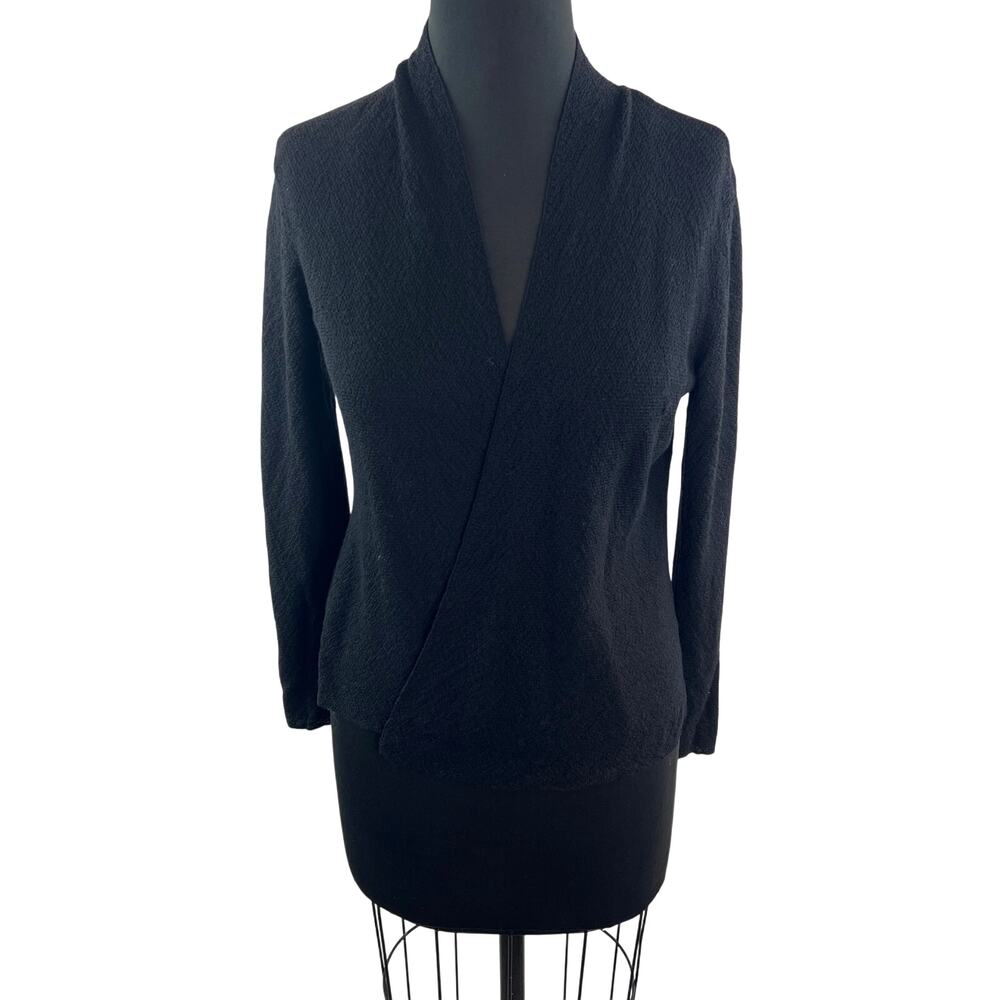EILEEN FISHER Black Wrap Sweater Wool Knit V-Neck Size X-Small XS FLAW